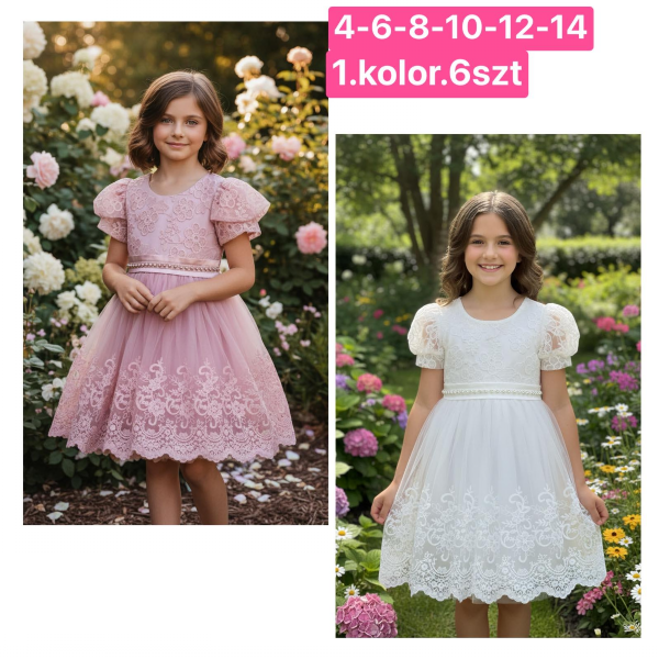 Sukienki dziewczęce Roz 4-14, 1 kolor Paczka 6 szt